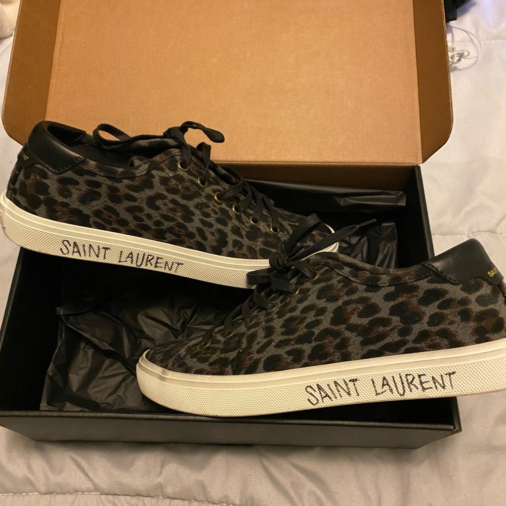 SAINT LAURENT Grey Leopard Malibu Sneakers